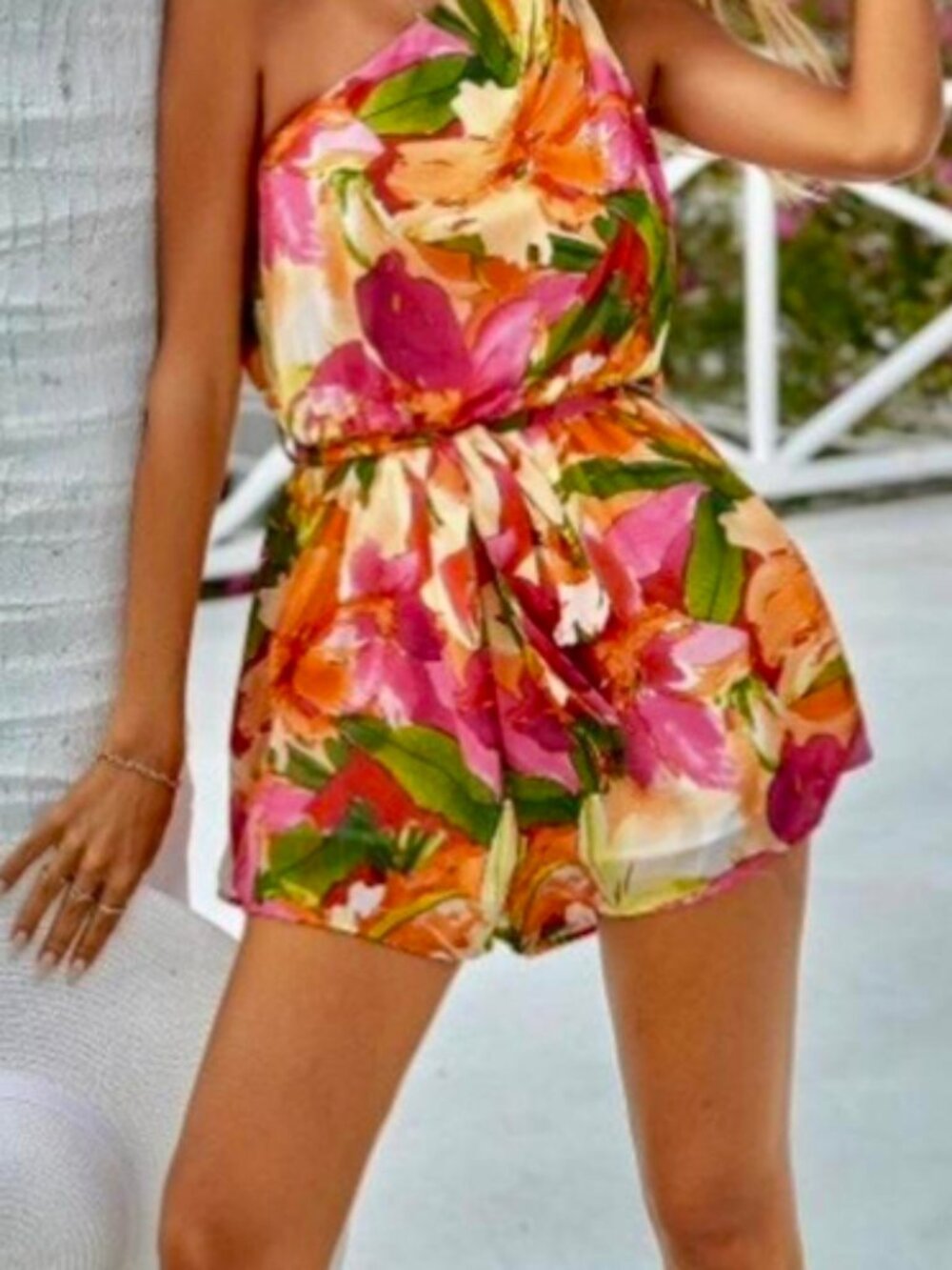 SHEIN Floral One Shoulder Romper with Tie Waist Belt